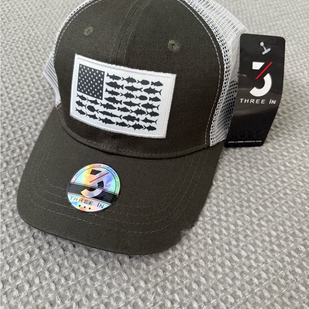 Three In Olive Green and White Trucker Hat